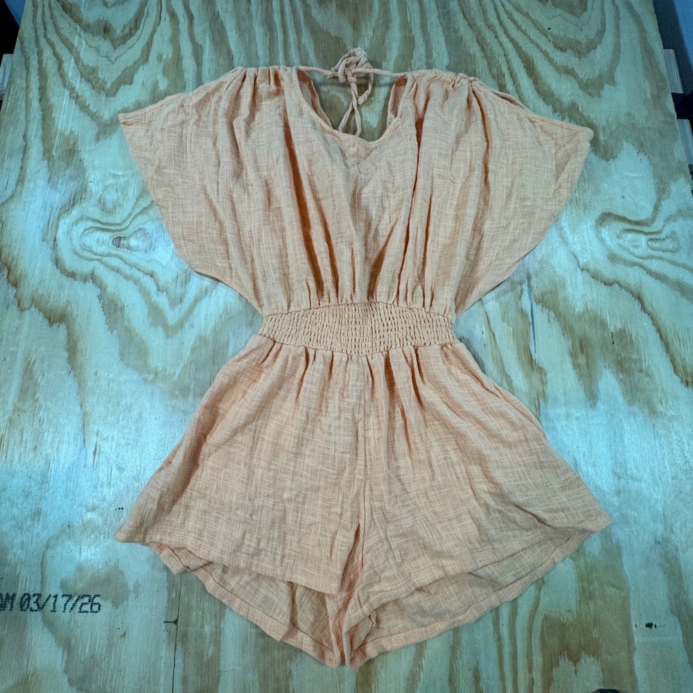 Y2K Free People Pietro Romper Orange Smocked Waist Cowl Back XS Boho Cottagecore - Picture 3 of 7
